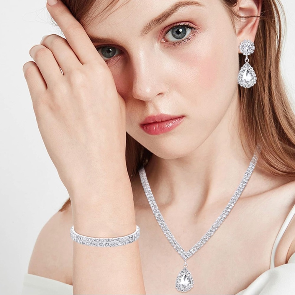 Teardrop Dangle Earrings Bracelets Crystal Tennis Jewelry Set